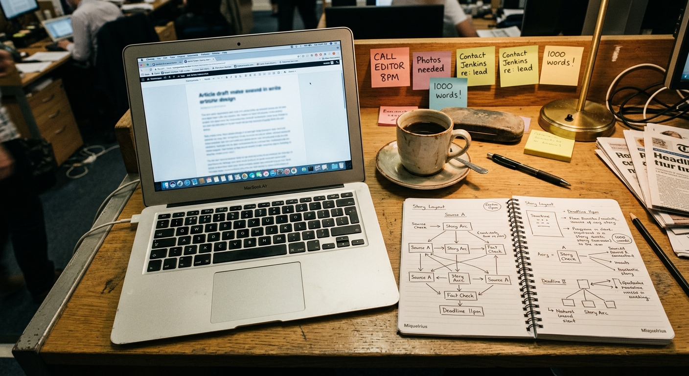 Overhead photo of a desk with laptop, coffee, sticky notes, and a notebook with diagrams